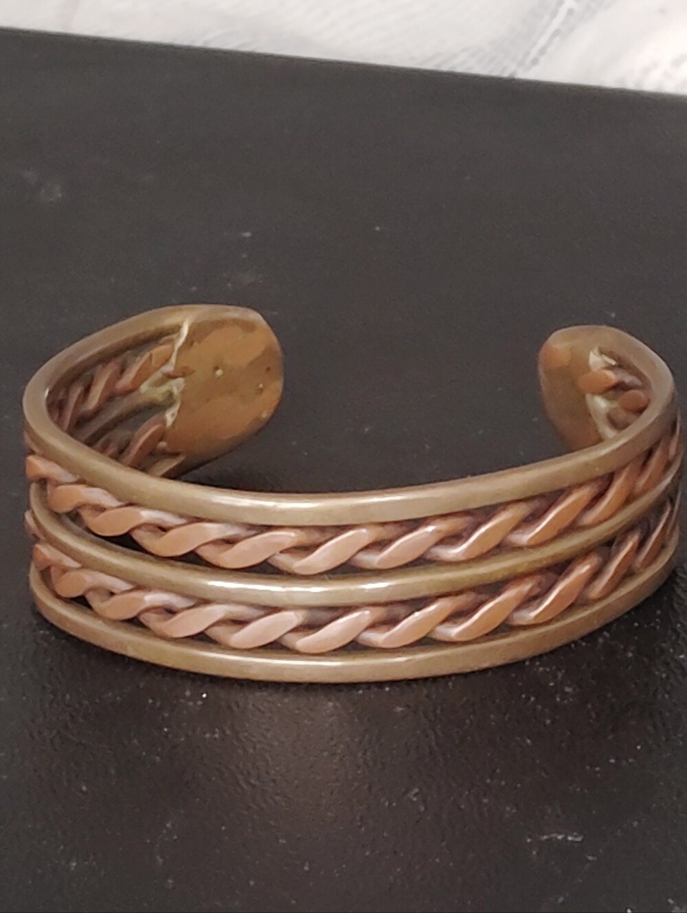 Braided Metal Open Cuff Bracelet in Copper and Brass Tones